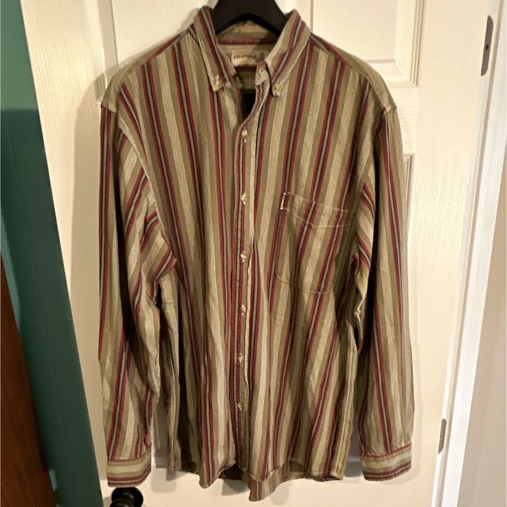 Fieldmaster Men's Large vintage Striped Tan Red button down heavy weight shirt